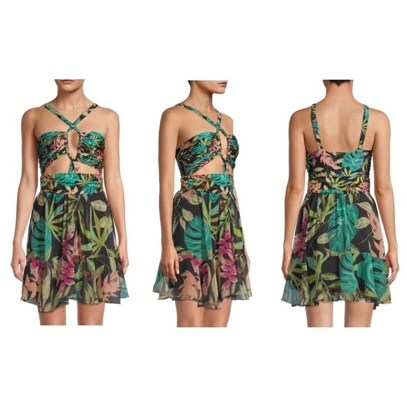 NWT PATBO Tropicalia Palm Cut Out Convertible Mini Dress in Black size L - Picture 5 of 16